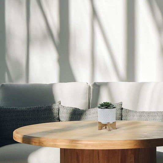 Sagebrook Home Modern Ceramic Planter with Stand - Textured Stoneware Pot with Bamboo Base for Indoor & Outdoor Plants - Decorative Flower Pot for Home & Garden - 8" White