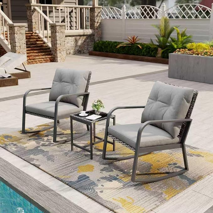 Bistro 3 Piece Patio Furniture Set, Patio Table and Rattan Outdoor Rocking Chairs Set of 2, Outdoor Bistro Conversation Set for Garden, Balcony, Poolside, Backyard, Grey
