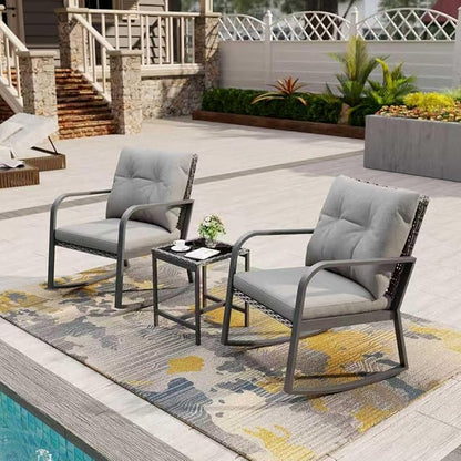 Bistro 3 Piece Patio Furniture Set, Patio Table and Rattan Outdoor Rocking Chairs Set of 2, Outdoor Bistro Conversation Set for Garden, Balcony, Poolside, Backyard, Grey