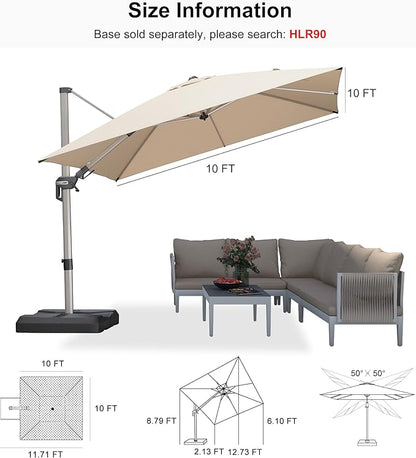 PURPLE LEAF 10' X 10' Left-right Tilting Patio Umbrella Outdoor Swivel Cantilever Umbrella Aluminum Offset Umbrella with Champagne Frame and 360-degree Rotation for Garden Deck Pool, Beige