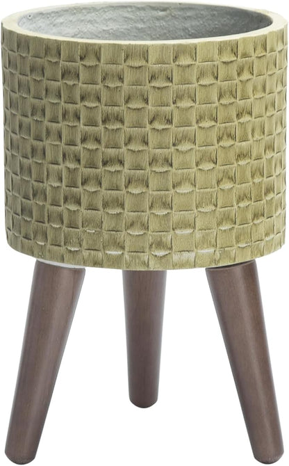 D'vine Dev 8 Inch Modern Geometric Tile Patterned Sleek Planter Pot with Stand, Indoor Outdoor Decorative Plant Holder, Distressed Olive, 88-Z-A-4