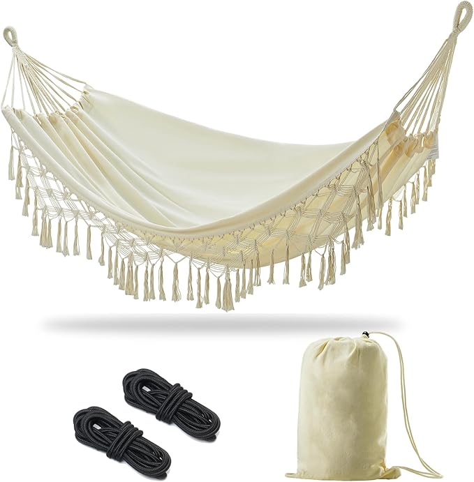 JoyView Boho Macrame Double Hammock with Hanging Ropes & Elegant Tassels 86.6x59 Portable Cotton Hammock for Patio Backyard Porch 450LBS Weight Capacity Perfect for Outdoor/Indoor - Beige Color