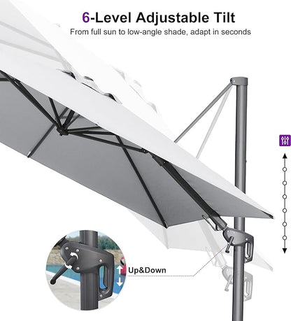 PURPLE LEAF 9' X 12' Swivel Outdoor Patio Aluminum Umbrella with Base Left-right Tilting Cantilever Offset Umbrella with UV Resistant Heavy Duty Fabric for Deck Pool Patio Backyard, Pebble Grey