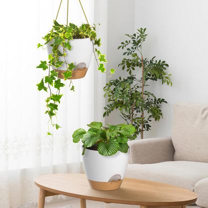 ZMTECH 10 Inch Hanging Planters for Indoor Outdoor Plants, 2 Pack Self Watering Hanging Plant Pots with Drainage Holes and Removable Saucer, Plastic Flower Hanging Pots with Watering Lip (White)