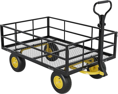 3-in-1 Heavy-Duty Steel Garden Cart, 1200 Lbs Garden Wagon, with 13 Inch All-Terrain Tires and Removable Mesh Side Panels, 180° Rotating Handle, Metal Utility Yard Trailer, Outdoor Gardens Wagon Cart