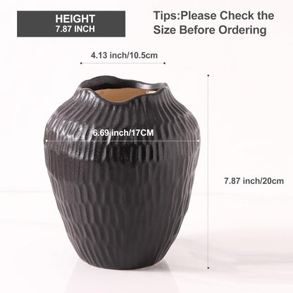 7.8 Inch Black Ceramic Vase - Modern Minimalist Round Vase for Centerpiece, Farmhouse, Living Room-Handcrafted Decorative Design for Dried Flowers, Plants, Home Decor, Rustic & Vintage Styles