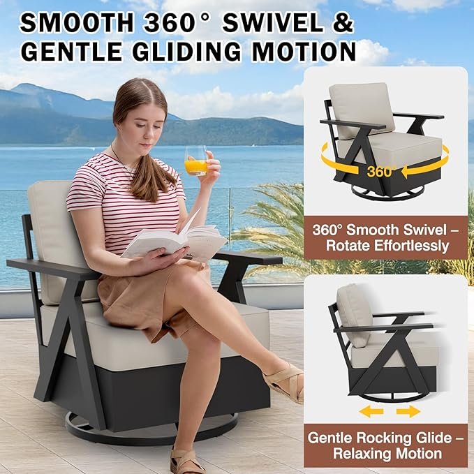 EAGLE PEAK Urban Slate 3 Piece Outdoor Bistro Set Modern Swivel Rocking Chairs and Table, Outdoor Furniture Set for Balcony Porch Deck or Backyard, Black/Beige