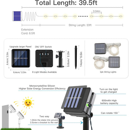 suddus Solar Fairy Lights Outdoor Waterproof, 2 Pack 33ft 100 LED Solar Twinkle Lights, 8 Modes White Solar Christmas Lights for Backyard Trees Patio Deck Garden Birthday Party Wedding Decorations