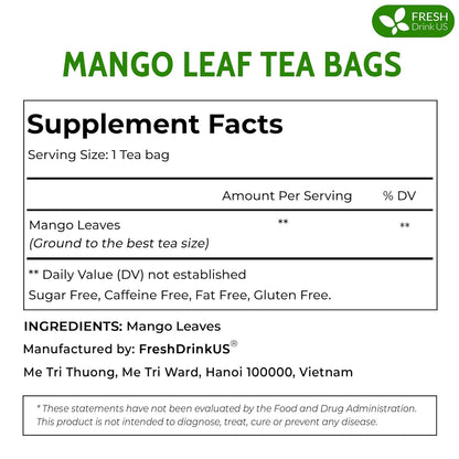 FreshDrinkUS Premium 60 Mango Leaf Tea Bags, 100% Natural & Pure. Loose Leaf Herbal Tea. No Sugar, No Caffeine, No Gluten, Vegan