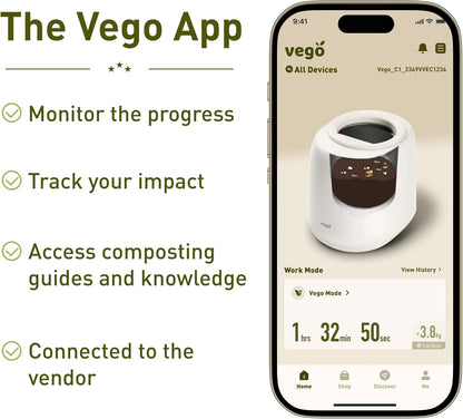 Vego Kitchen Composter, 4L Electric Composter Countertop 5 Modes Weight-Based Smart Compost Bin with App Odorless Auto-Cleaning Food Waste Compost Machine Indoor, Black
