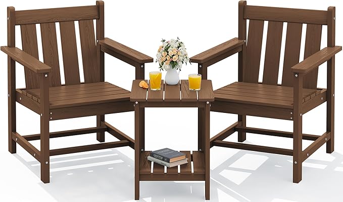 SERWALL 3 Pieces Patio Bistro Set, All Weather Adirondack Chair Set with Side Table, HDPE Material Outdoor Patio Furniture Set for Balcony, Porch, Garden, Backyard- Brown