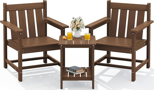 SERWALL 3 Pieces Patio Bistro Set, All Weather Adirondack Chair Set with Side Table, HDPE Material Outdoor Patio Furniture Set for Balcony, Porch, Garden, Backyard- Brown
