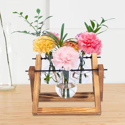 Plant Propagation Station Traveler's Glass Tabletop Planter with Vintage Wooden Stand 3 Bulb Vase for Hydroponic Plants Indoor Office Desktop Home Decor, Plant Stand (3 Bulbs)