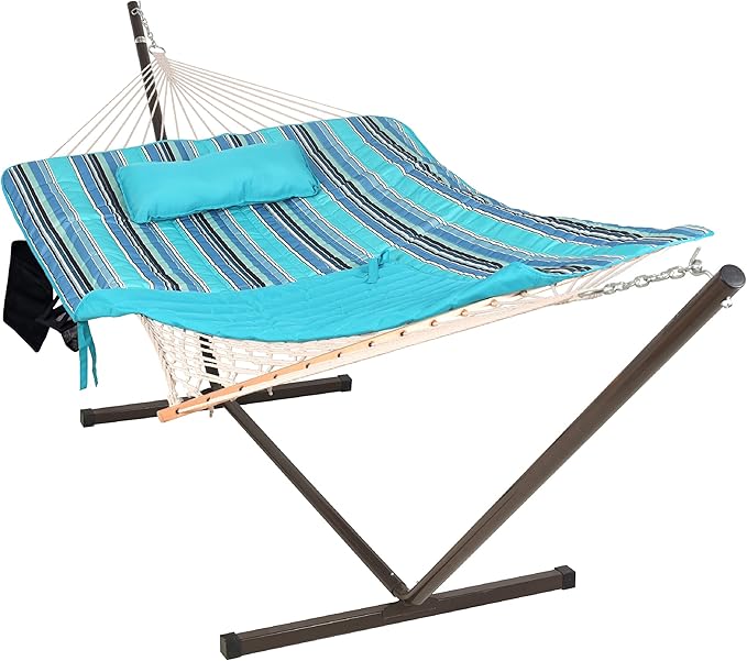 Lazy Daze Hammocks Double Outdoor Hammock with 12 ft Steel Stand, 2 Person Cotton Rope Hammock with Quilted Pad and Detachable Pillow, Spreader Bars, Mag Bag & Cup Holder, Blue Ocean Stripe