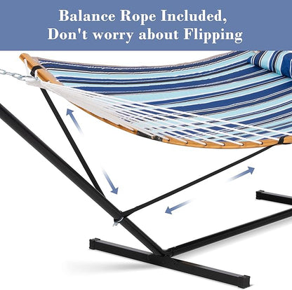 SUNCREAT Double Hammock with Stand Included, Portable Hammock with Stand and Large Pillow, Blue Stripes