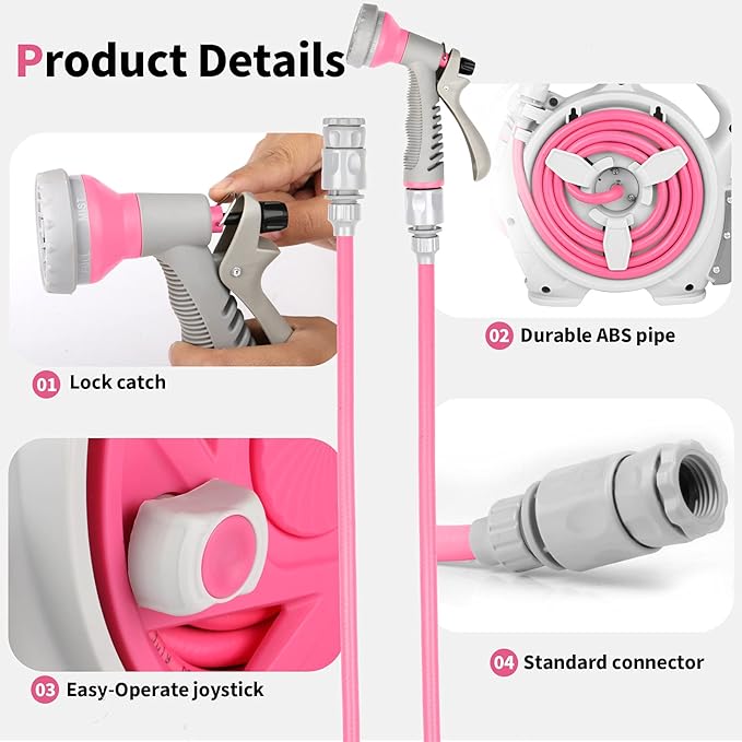 Garden Retractable Hose Reel, Portable Simple Home Hose Reel 45+5 FT with 7 Patterns Spray Nozzle, Wall Mounted and Any Length Lock for Garden Watering, Car Washing, Pet (Red Rose)