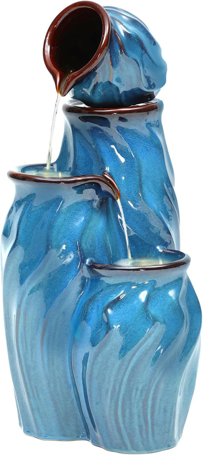 29" Tall Ceramic Outdoor Fountain and Waterfalls, 4-Tier Cascading Jars Water Feature, Tranquil Oasis for Relaxing Garden, Patio, Yard, or Porch Decor, Turquoise, Dynamic Wave-Texture