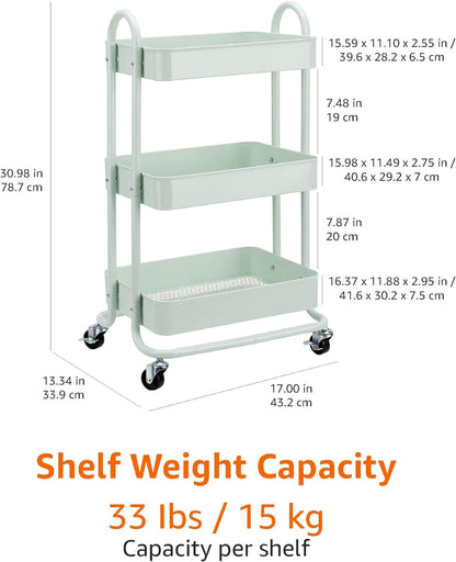 Amazon Basics 3-Tier Metal Rolling Utility or Kitchen Cart - Mint Green
