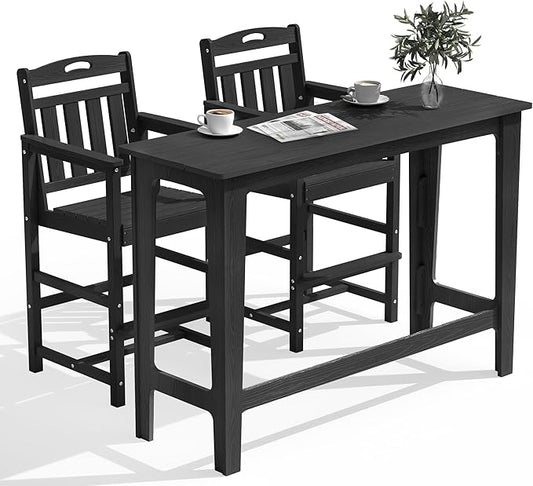 HDPE Outdoor Patio Bar Set with High Top Table and 2 Adirondack Chairs, All-Weather Bar Height Outside Rectangular Pub Furniture for Bistro, Garden, Backyard, Deck | 3-Pieces, Matte Black