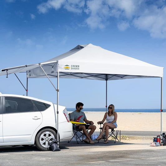 CROWN SHADES 10x10 Pop up Canopy Tent Patended Centerlock Instant Commercial Canopy with 150D Silver Coated Fabric Including 2 Extend Awnings, 4 Ropes, 8 Stakes, 4 Weight Bags (White, 10x14)