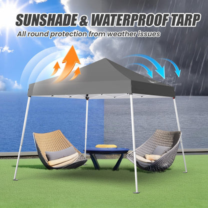 10x10 Pop Up Canopy, 300D Silver Coated Grey Fabric Outdoor Gazebo, Beach Tent Slant Legs with Storage Bag,Easy Up Sun Shade Shelter Tents with 8x8 Top Cover for Patio,Party