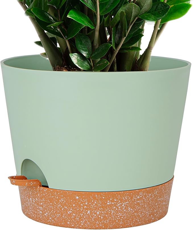 12inch Large Self Watering Plant Pot, Plastic Cylinder Planter with 60Oz Deep Reservoir and Saucer for Indoor Outdoor Plants Flowers Houseplants, Green with Brown