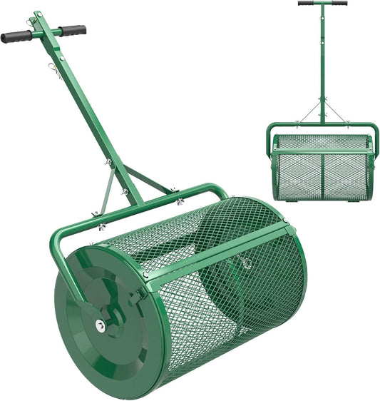 Seeutek Compost Spreader - 24" Peat Moss Spreader with 3 Heights, Top Soil Spreader W/Upgraded Side Latches Support Rod Powder Coated Metal Mesh Top Dressing Spreader for Lawn, 2 Way Uses-Push or Tow