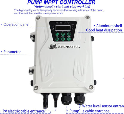 Pump 500W DC 48V Solar Water Pumps, Max head 393ft,7.9GPM Flow，3 inch Solar deep well submersible Pumps with MPPT controller float switch kits for home or farm