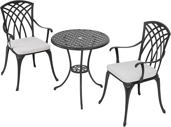 NUU GARDEN Bistro Set 3 Piece Outdoor All Weather Cast Aluminum Patio Bistro Set Patio Table and Chairs Set of 2 with Umbrella Hole and Grey Cushions for Backyard, Balcony, Lawn, Black