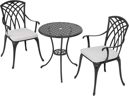 NUU GARDEN Bistro Set 3 Piece Outdoor All Weather Cast Aluminum Patio Bistro Set Patio Table and Chairs Set of 2 with Umbrella Hole and Grey Cushions for Backyard, Balcony, Lawn, Black