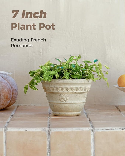 Bamworld 7 Inch Plant Pots for Indoor Outdoor Plants Embossed Flower Pots with Drainage Unglazed Porous Ceramic Planter Pot for Plants Clay Pot for Succulent Room & Office Decor