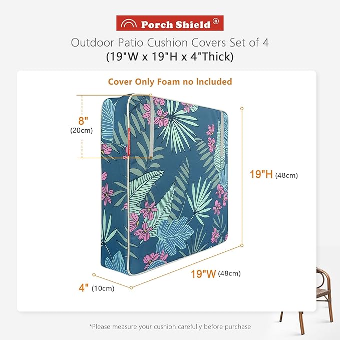 Porch Shield Patio Chair Seat Cushion Covers 4 Pack, Waterproof Cushion Slip Covers Outdoor, Replacement Covers Only, 19 x 19 x 4 Inch