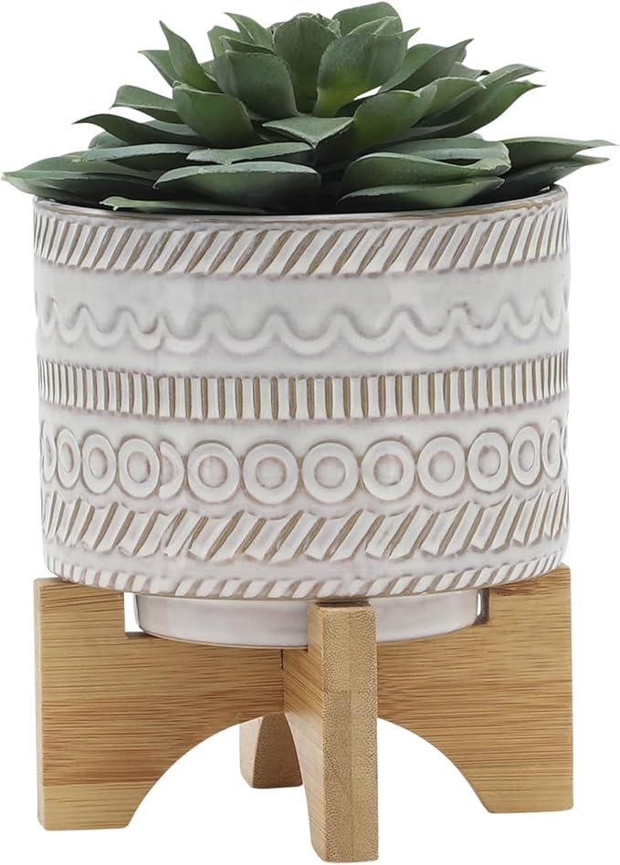 Sagebrook Home Ceramic Planter with Stand - Decorative Stoneware Plant Pot with Bamboo Wood Base - Boho Style Indoor & Outdoor Garden Decor for Home & Office - 8" Ivory & Tan