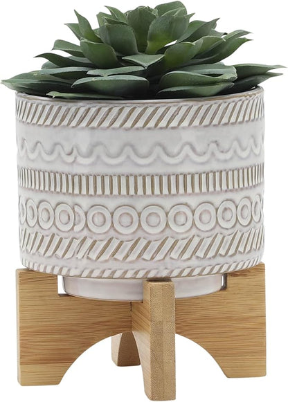 Sagebrook Home Ceramic Planter with Stand - Decorative Stoneware Plant Pot with Bamboo Wood Base - Boho Style Indoor & Outdoor Garden Decor for Home & Office - 8" Ivory & Tan