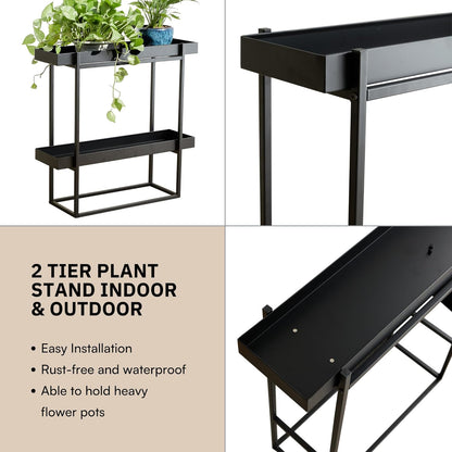 2 Tier Plant Stand Indoor Outdoor - 29 x 9 x 28 Inches Plant Shelf for Home and Office Decor - Narrow Plant Stand for Lawn, Patio, Balcony and Living Room - Heavy Duty Iron - Black