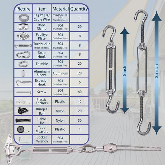 Shade Sail Hardware Kit 6 inch with 131FT 1/8" Wire Rope Kit for Triangle Rectangle Sun Shade Sail Outdoor Installation turnbuckles for Cables Wire for Outdoor,Garden,Kitchen,Craft,243PCS