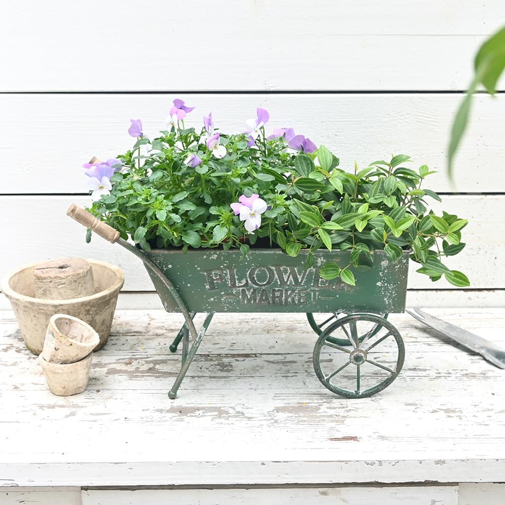 15 Inch Farmhouse Small Flower Cart with Wooden Handles Metal Wagon Planters for Outdoor Plants Decorative Wheelbarrow Plant Cart for Patio Garden Balcony Green