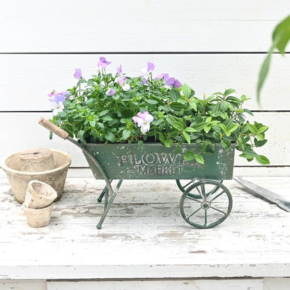 15 Inch Farmhouse Small Flower Cart with Wooden Handles Metal Wagon Planters for Outdoor Plants Decorative Wheelbarrow Plant Cart for Patio Garden Balcony Green