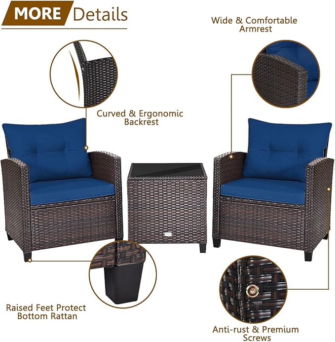 RELAX4LIFE 3 Piece Patio Furniture Set, Wicker Bistro Conversation Set w/ 2 Cushioned Armchairs & Glass Topped Table, Outdoor Rattan Sofa Set Patio Furniture for Porch Balcony Poolside (Navy Blue)