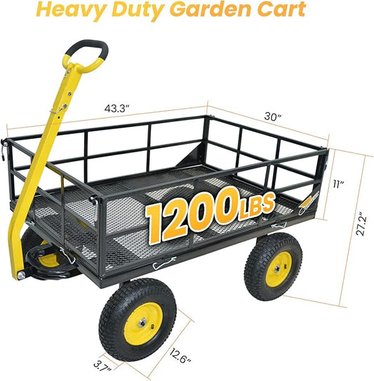 1200 lbs Steel Garden Cart, Heavy Duty Yard Utility Wagon with 10" Pneumatic Tires, Removable Mesh Sides and 180° Rotating Anti-Slip 2-in-1 Convertible Handle