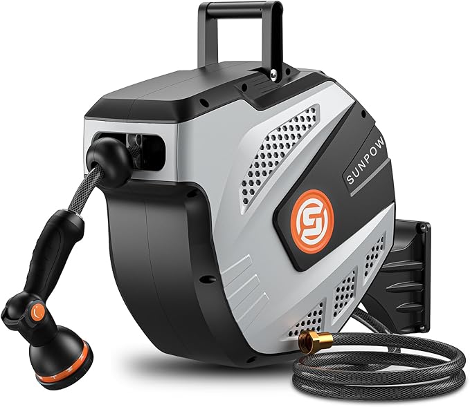 SUNPOW Retractable Garden Hose Reel - 1/2 inch x 85ft Wall Mounted Hose Reel with 3/4 inch Brass Fitting & 10 Function Sprayer Nozzle - Any Length Lock, Auto Rewind System, 180°Swivel Bracket- Grey