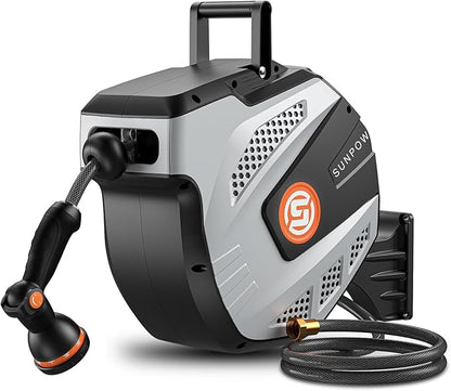 SUNPOW Retractable Garden Hose Reel - 1/2 inch x 85ft Wall Mounted Hose Reel with 3/4 inch Brass Fitting & 10 Function Sprayer Nozzle - Any Length Lock, Auto Rewind System, 180°Swivel Bracket- Grey