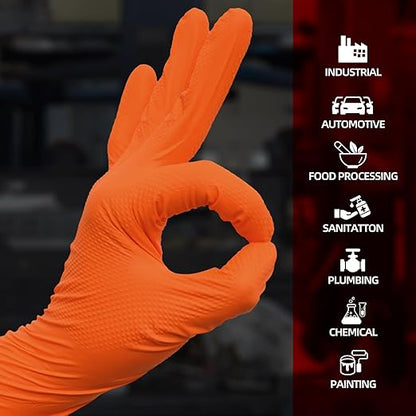 Jointown Basic Heavy Duty Nitrile Gloves, Mechanic Gloves 8 Mil Nitrile Disposable, with Raised Diamond Texture, Case of 1000, Orange, Large