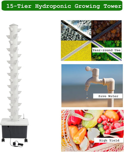 15-Tier Hydroponic Growing Tower, 45-Plant Vertical Garden Kit with Water Pump, Hydroponics Tower Growing System with 4 Wheels for Herbs, Vegetables, Strawberries (White)