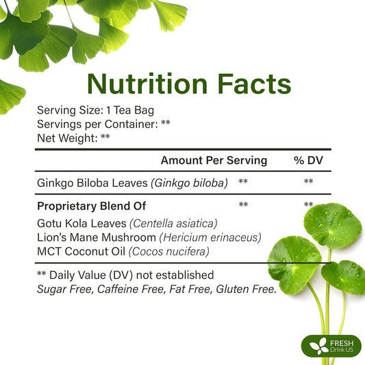 FreshDrinkUS, Memory Brain Booster Herbal Tea – 40 Tea Bags – Ginkgo Biloba, Gotu Kola, Lion's Mane & MCT Coconut Oil – Smooth, Earthy Flavor – Caffeine-Free – Daily Herbal Blend for Anytime Use