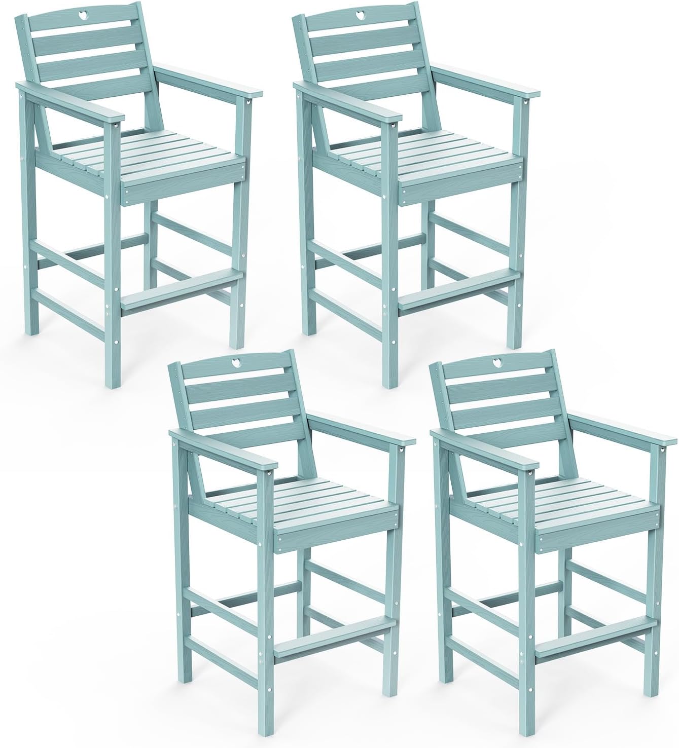 Tall Adirondack Chairs Set of 4, HDPE Wood Balcony Adirondack Chairs Set with Heart Cutout Design, Weather-Resistant Bar Height Furniture for Deck, Porch, Pool (Light Blue)