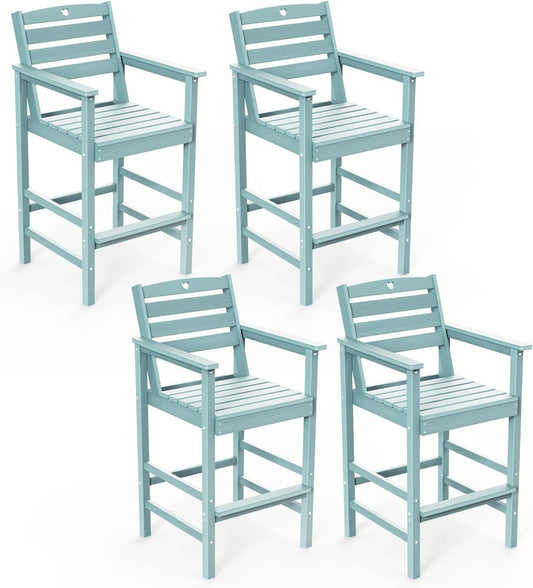 Tall Adirondack Chairs Set of 4, HDPE Wood Balcony Adirondack Chairs Set with Heart Cutout Design, Weather-Resistant Bar Height Furniture for Deck, Porch, Pool (Light Blue)
