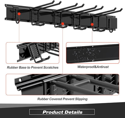 Garage Tool Storage Rack, Heavy Duty Garage Storage Organizer Rack System Wall Mounted Tool with 6 double hooks, 2 rails, Garden Yard Tools Hanger Rack for Ski Gears, Broom, Rake,Shovel