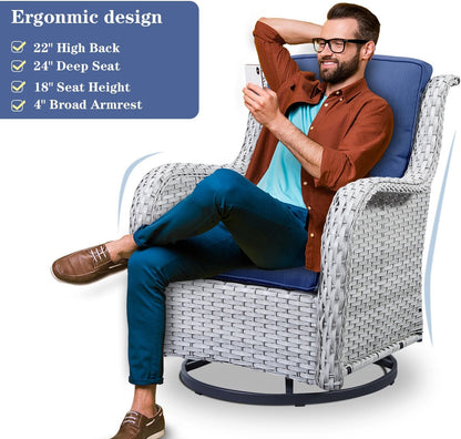Outdoor Swivel Rocker Patio Chairs Set of 3,High Back Swivel Patio Chairs Wicker Furniture Set,2 PCS Rattan Swivel Rocking Chair with Side Table,Light Grey Wicker (A089-2)