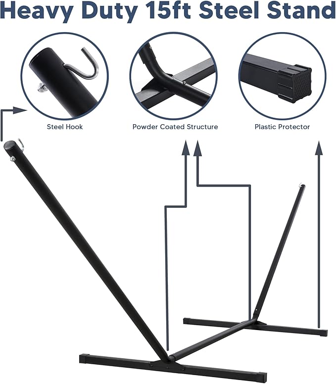 SUNCREAT 2 Person Free Standing Hammock with 15 ft Stand, 475 lbs Capacity, Backyard Hammock with Stand, Navy